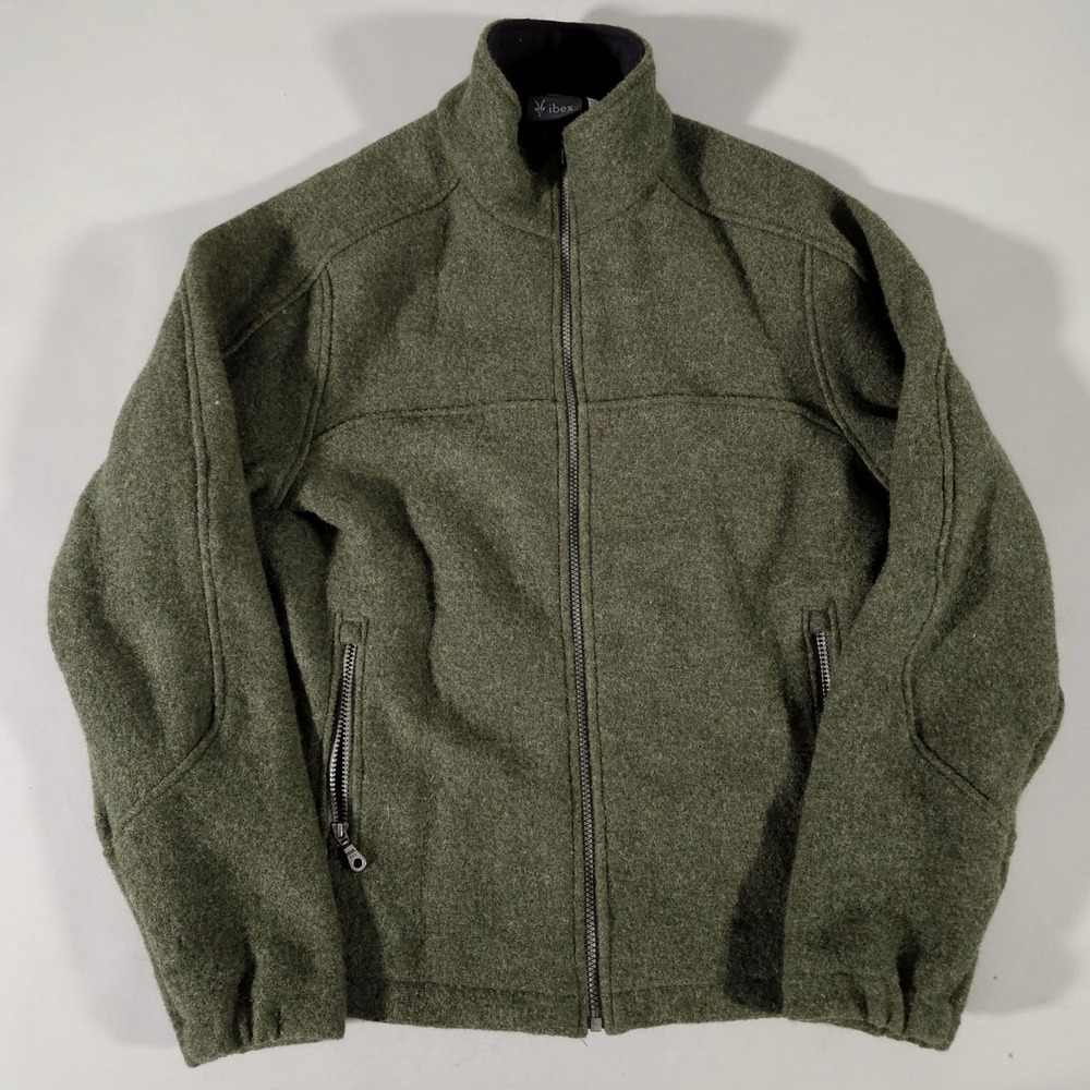 Ibex Wool Full Zip Jacket Mens M Green Mock Neck Made in USA Outdoor Layer